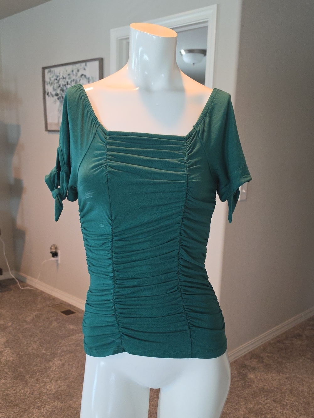 Buckle Teal Ruched Square Neck Short Sleeve Top